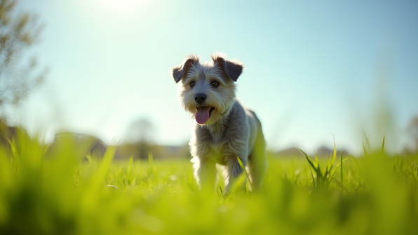 A gray dog with short fur standing alert on lush green grass under a bright clear sky