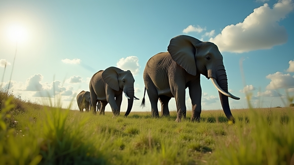 Gray Elephants Strolling Through Green Grasslands