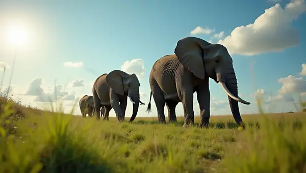 Gray Elephants Strolling Through Green Grasslands