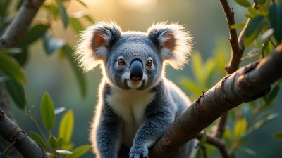 Gray Koala On Eucalyptus Branch Close-Up