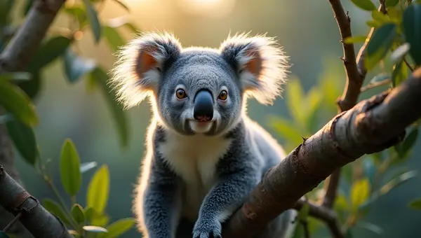 Gray Koala On Eucalyptus Branch Close-Up