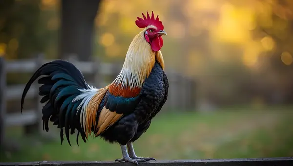 Gray and Red Rooster on Rustic Fence