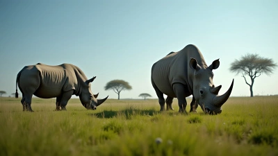 Gray Rhinoceroses Grazing on Green Grass Field