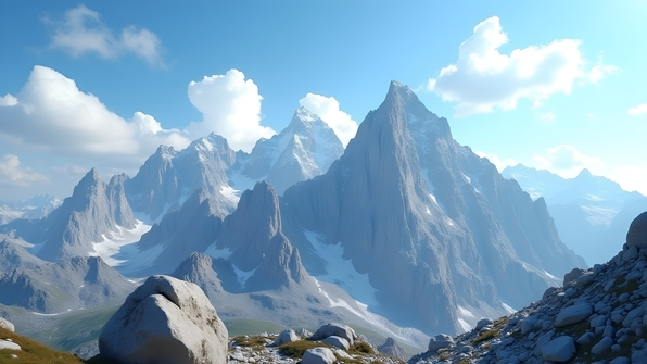 Gray rocky mountains beneath a bright blue sky with scattered white clouds