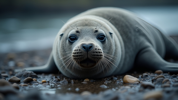 Close-up shallow focus photograph of a gray seal resting on a rocky shore showing detailed fur and whiskers