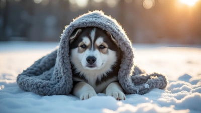 Gray And White Dog Wrapped In Textile On Snowy Field