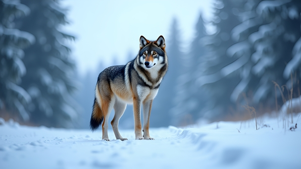 Gray wolf standing alert on pristine white snow in a serene winter forest