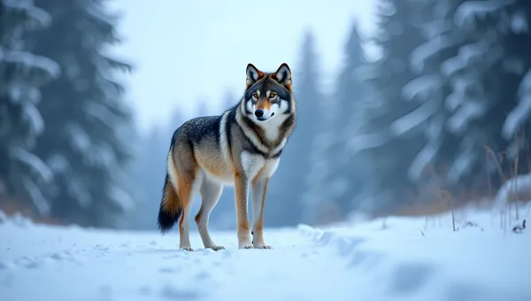 Gray Wolf Standing Alert In Winter Forest