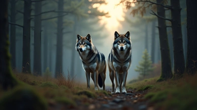 Gray Wolves Standing Alert in Pine Forest