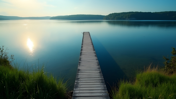 Aerial view of a gray wooden dock extending into calm blue water surrounded by lush green shoreline vegetation