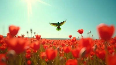 Green Bird Soaring Over Red Flowers