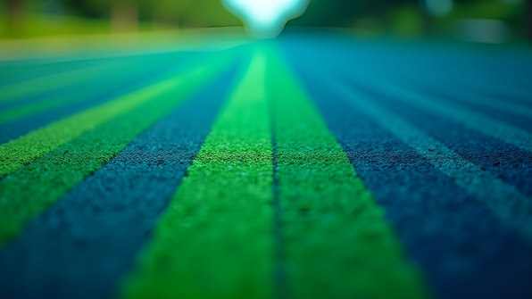 Close-up of green blue striped textile fabric showing detailed woven texture and bold color patterns