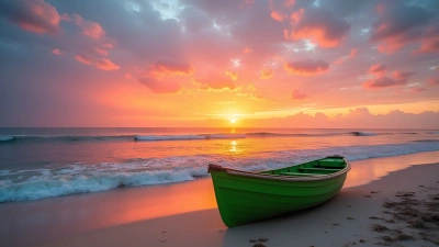 Green Boat on Sandy Beach at Sunset