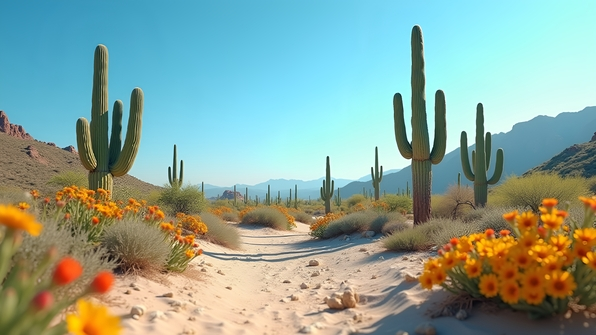 A vibrant desert scene with green cacti under a clear blue sky and sandy terrain featuring distant rocky formations