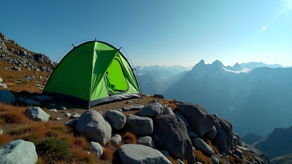 Green dome tent pitched on a rocky outcrop surrounded by alpine vegetation under a clear blue sky