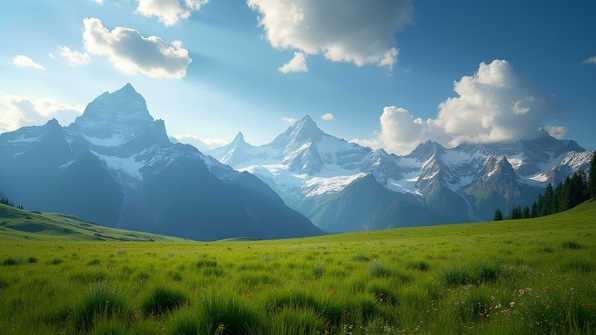Green Grass Field Below Snow-Capped Mountains