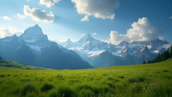 Green Grass Field Below Snow-Capped Mountains