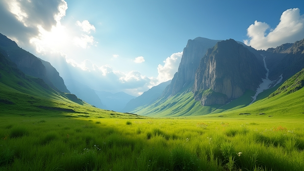 Green grass field stretches beside a rugged brown mountain under a clear blue daytime sky with soft sunlight and gentle clouds