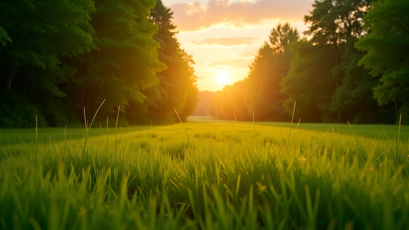 A vibrant green grass field bordered by lush green trees illuminated by warm golden sun rays during a peaceful sunset sky