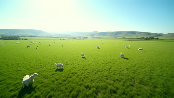 Green grass field with white sheep grazing peacefully under a clear blue sky