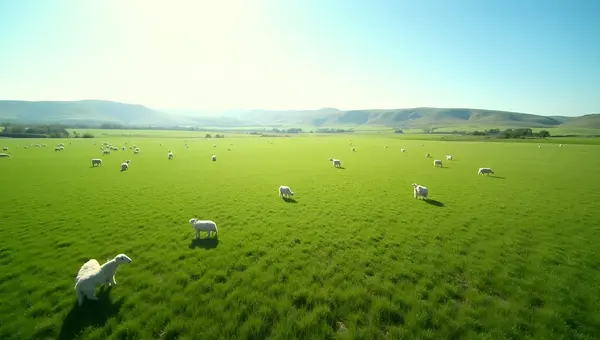 Green Grass Field With White Sheep Grazing
