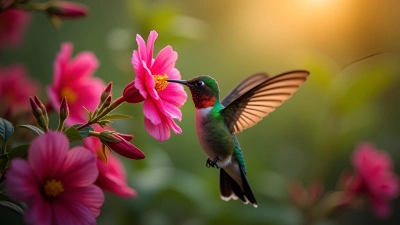Green Hummingbird Feeding on Pink Flowers