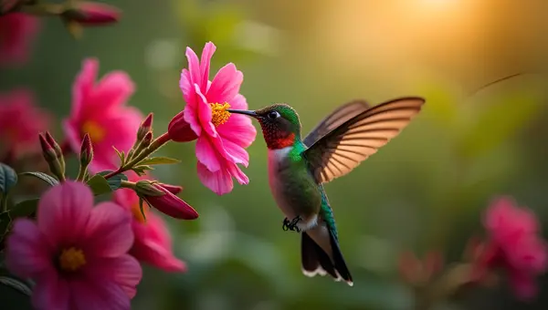 Green Hummingbird Feeding on Pink Flowers