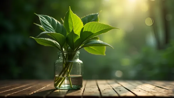 Green Leaf Plant in Glass Vase on Rustic Table