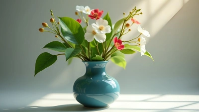 Green-Leafed Plant With White Red Flowers In Blue Vase