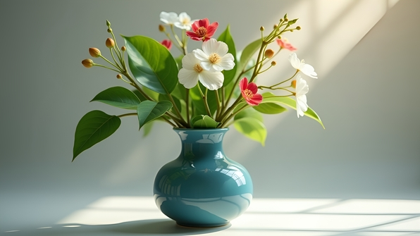 A green-leafed plant with white and red flowers arranged in a glossy blue ceramic vase on a neutral background