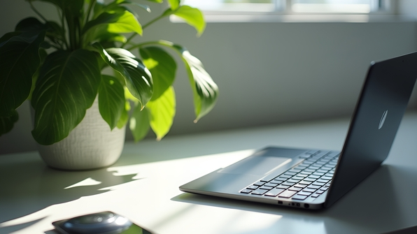 Close-up of a green-leaved plant beside a black Zoom laptop keyboard on a white minimalist desk