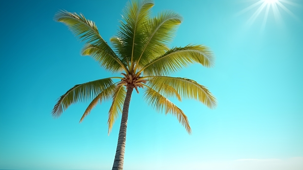 A green palm tree with lush fronds on a sandy tropical beach under a clear blue sky