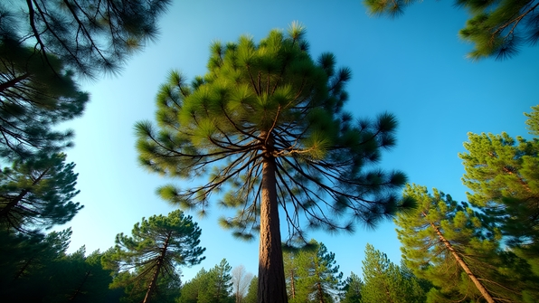 A vibrant green pine tree standing tall against a clear blue sky in a natural forest