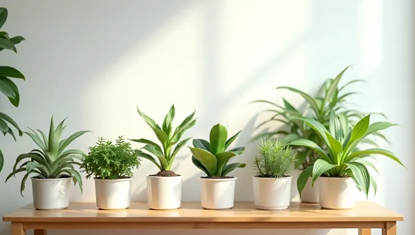 Green Potted Plants On Wooden Table In Minimalist Room