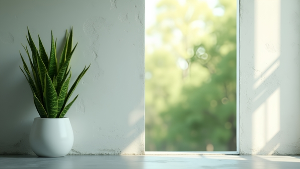 A green snake plant with tall leaves beside a white textured concrete wall under soft natural light
