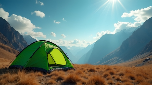 A vibrant green tent pitched on a dry brown field beside towering mountains under a bright blue sky scattered with fluffy white clouds in daylight