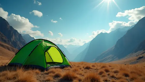 Green Tent on Dry Field Near Mountains