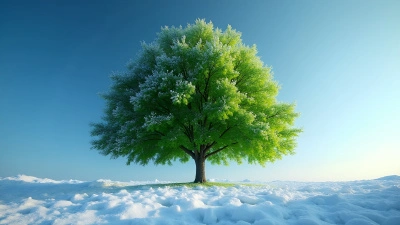 Green Tree Covered In Fresh Snow Against Blue Sky