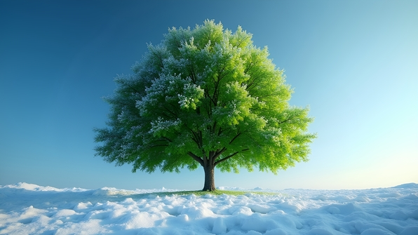 Green Tree Covered In Fresh Snow Against Blue Sky