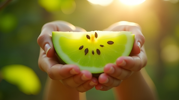 Close-up of hands holding green watermelon slices with visible seeds outdoors