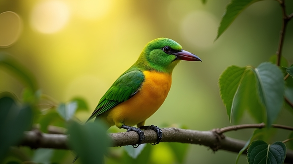 A green and yellow bird perched gracefully on a leafy tree branch in a natural blurred background