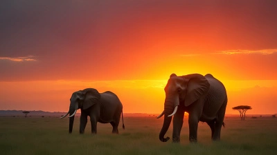 Grey Elephants Grazing on Green Plains at Sunset