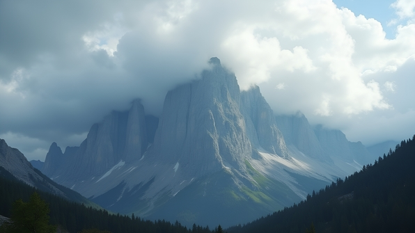 Grey mountain range with rugged peaks under a cloudy sky and soft drifting clouds