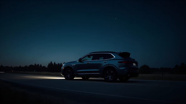 Grey SUV parked beside a quiet road under a star-filled night sky