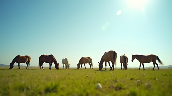 A group of horses grazing on a lush green field under a clear blue sky during a sunny day