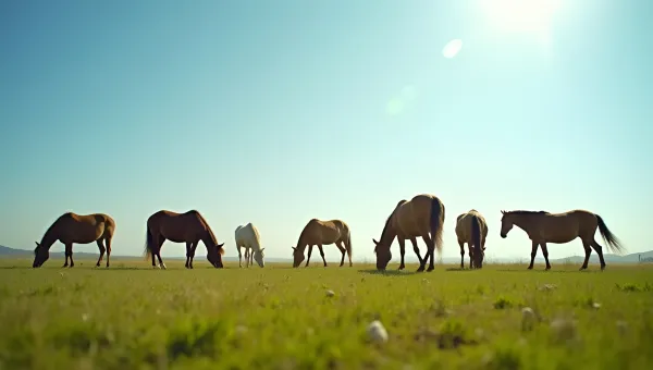 Group Of Horses Grazing On Green Field
