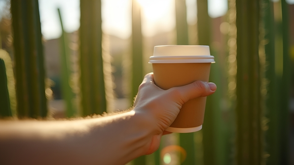 Close-up of a hand holding a disposable coffee cup outdoors with vibrant green cactus plants in the sunny background