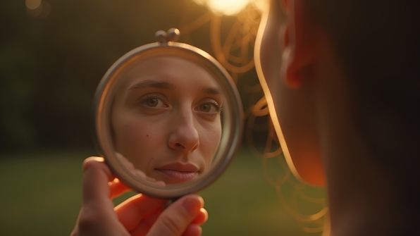 A person holding a handheld mirror reflecting their face with natural light