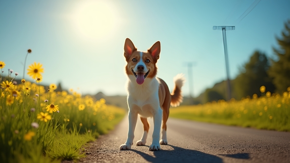 Happy dog standing alert on a sunlit rural road with green fields and clear blue sky