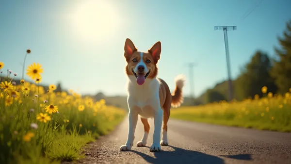 Happy Dog Standing Alert on Rural Road